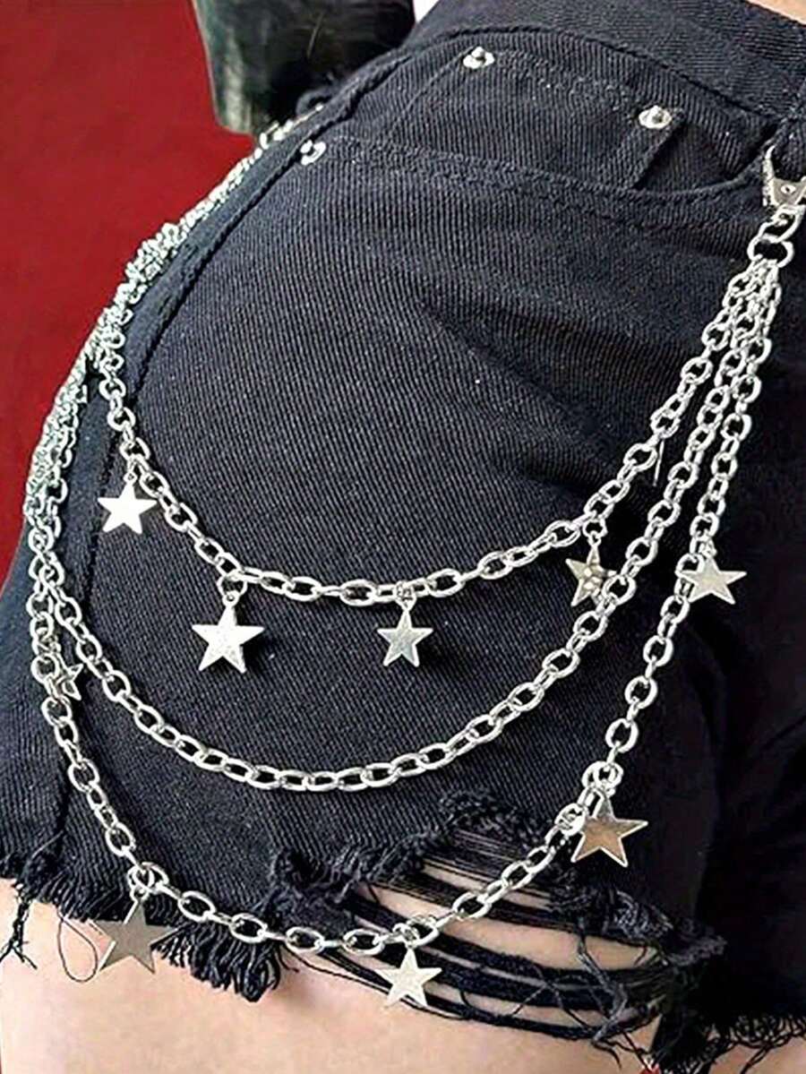 1 chiếc dây đeo eo mặt hình ngôi sao phong cách Punk, dây đeo quần hai lớp, dây kim loại hai lớp độc đáo, phụ kiện váy hip hop, dây đeo quần mùa hè, đi học, thu, Halloween. - Bạc - Xem 1