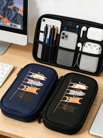 Bolsa organizadora con cremallera para artículos de papelería y auriculares - Un organizador portátil multifuncional que puede contener discos duros y auriculares, ideal para viajes, uso en la oficina, organización de papelería y camping.