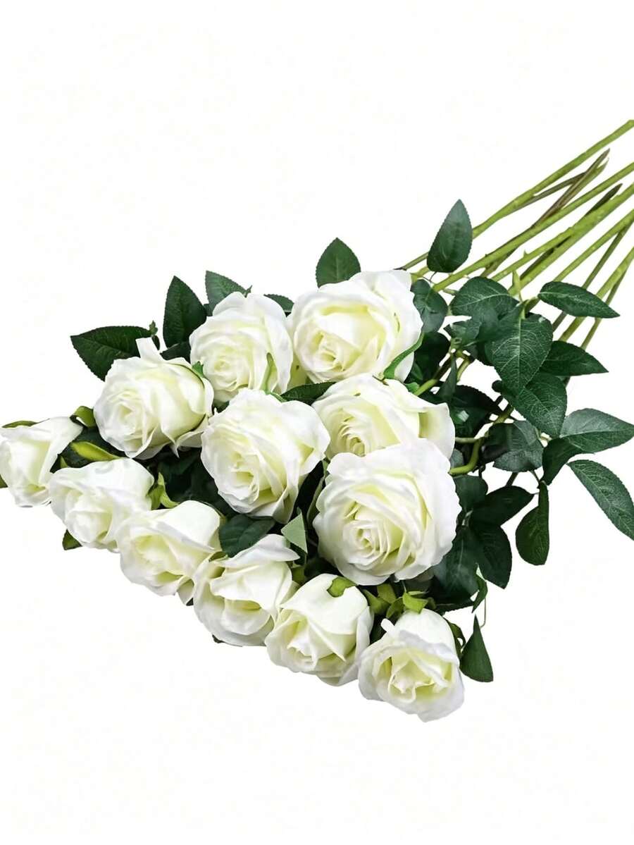 1/6/10/20/50pcs White Artificial Rose Flowers, Suitable For Valentine's Day Bouquet, Wedding Decor, Bridal Bouquet, Room Decoration, Home Decor, Wall Decor, Birthday Decor, Kitchen Decor, Gifts, Bedroom Decor, Wedding Decor, Office Desk Accessories, Living Room Decor, Tabletop Centerpiece, Garden Decor, Outdoor Decor, Valentine's Day Decor - White - View 1
