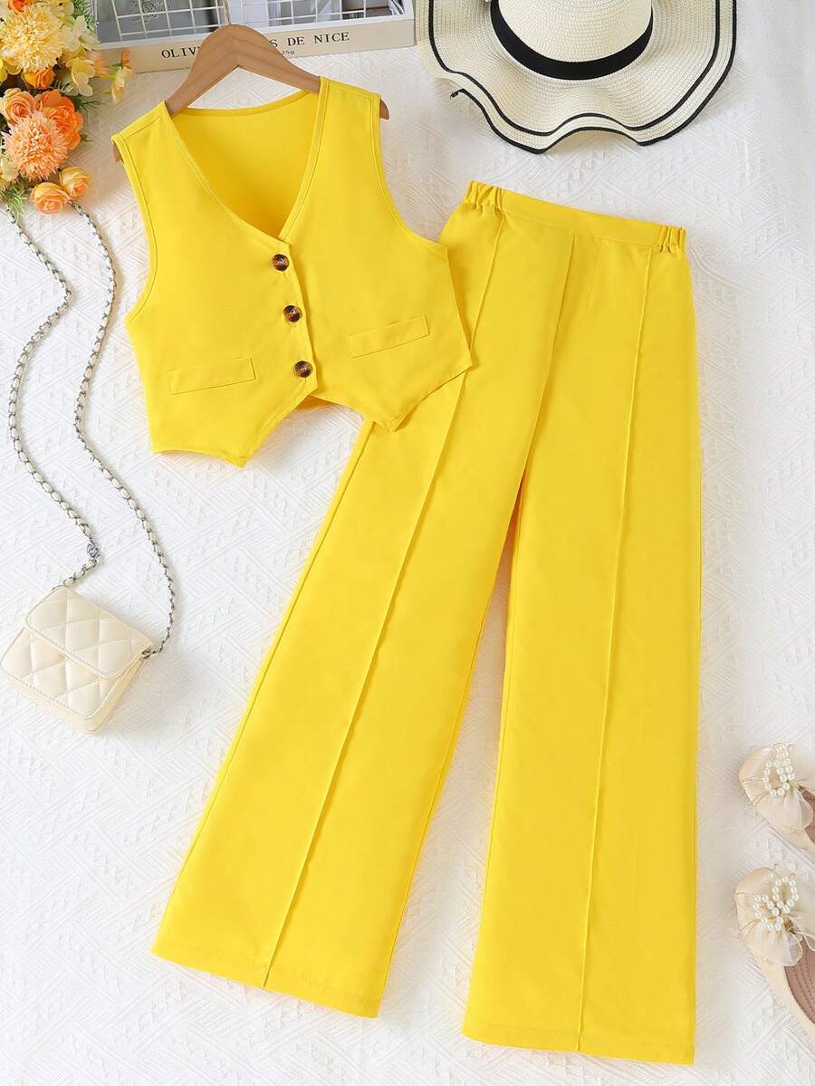 Tween Girl Solid Color Single-Breasted Top And Wide-Leg Pants Casual Daily Outfit - Yellow - View 1