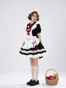 甜美红黑女仆装洛丽塔连衣裙大蝴蝶结围裙荷叶边裙可爱爱丽丝女仆装红色蝴蝶结洛丽塔连衣裙蕾丝边万圣节角色扮演 - 黑色 - 查看 5