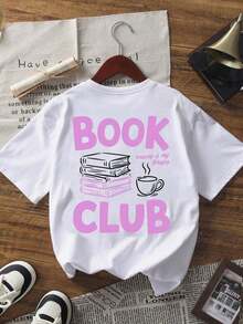 Summer New Simple Fashion INS Literary Healing Black & Red Contrast Book Pile Print Casual Round Neck White Short Sleeve T-Shirt, Fashionable & Versatile Women Top-Skin-Friendly-Skin-Friendly - 白色 2 - 查看 2