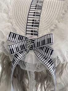 1顶女士音符洛丽塔风格帽子，哥特复古洛丽塔黑白钢琴键音乐丝带图案可爱少女多层蕾丝帽檐遮阳帽 - 彩色 - 查看 3