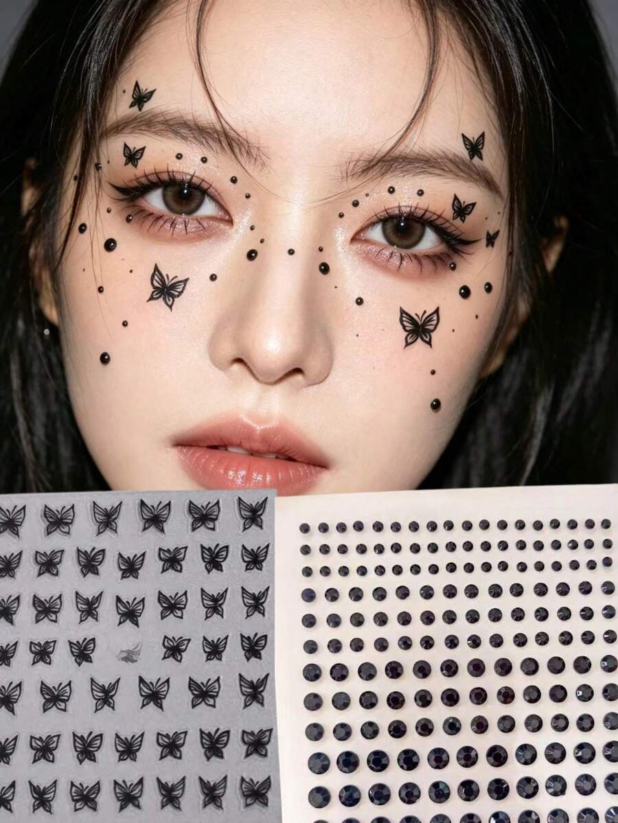 1pc Sweet & Cool Black Butterfly Face Decor Sticker, Dark Style Rhinestone Eye Makeup Sticker, Sexy Stage Makeup Face & Eye Jewel Sticker,Concert Look,Face Gems - Multicolor - View 1