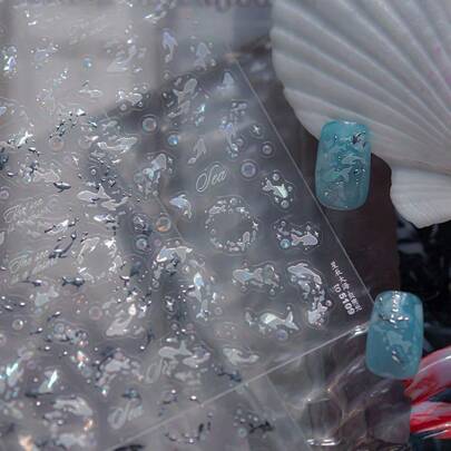 1张贝壳光海豚美甲贴纸，银箔气泡3D浮雕美甲贴花，夏季海洋风美甲配件