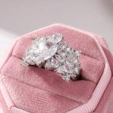 Nhẫn đính hôn kiểu cổ điển, đính đá Cubic Zirconia tổng hợp 3D hình quả lê, trang sức tinh tế mang phong cách nghệ thuật trang trí. - Bạc - Xem 5