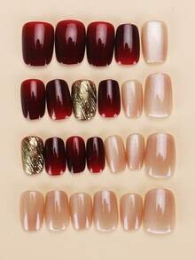 24pcs Square/Luxury Burgundy Gold Foil Square & Round Nail Stickers, 24pcs Set Suitable For Daily, Party And Casual Occasions - Multicolor - View 4