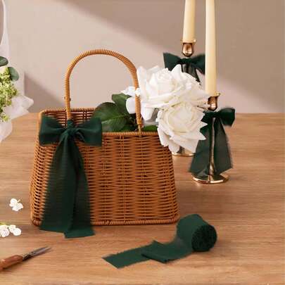 1 Cuộn ruy băng chiffon thủ công viền tua rua, ruy băng lụa màu xanh lá cây có tua rua, thích hợp cho thiệp mời cưới, bó hoa cưới, gói quà và các sản phẩm thủ công DIY.