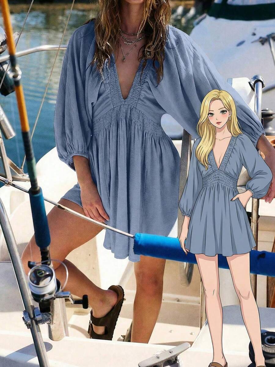 Spring/Summer New Elegant Fashion Sexy Deep V-Neck Puff Sleeve Slim Fit Casual Mini Dress, Vacation Boho & Tropical & Sun Dress - Dusty Blue - View 1