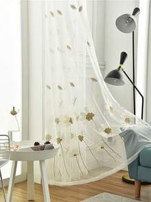 1 pieza Cortina transparente de lujo con ojales, diseño bordado de margaritas beige para sala de estar, dormitorio, balcón, permite la penetración de la luz - Multicolor - Ver 8