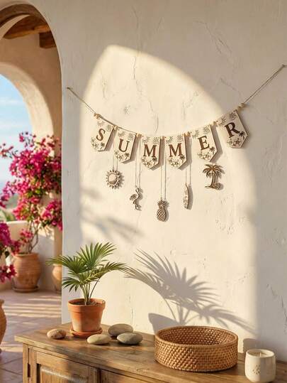 1 件白色夏季字母旗，热带元素悬挂装饰，波西米亚海滩风格三角旗花环，复古镂空墙面悬挂装饰，可重复使用的派对横幅，适用于夏季泳池派对、海滩主题派对、露台门廊装饰、客厅卧室花园后院夏威夷风格房间、节日装饰、拍照道具