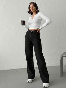 REVERSE LEG FRAGRANT EMBROIDERED WIDE LEG JEANS - Black - View 2