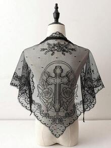 1pc Lace Floral Trim Wedding Veil Scarf, Fashion Breathable Lace Edge Church Headscarf - Cross - 查看 3
