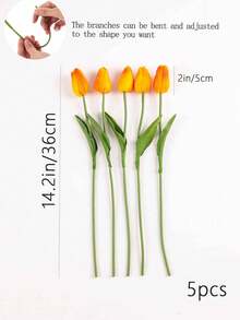 5PCS Artificial Tulips Flowers Real Touch PU Faux Tulip Bouque, Realistic Fake Flower Stems For Home Office Kitchen Wedding Decoration, DIY Floral Arrangements, Spring Home Party,Anniversary And Mother's Day Gifts - Orange - View 8