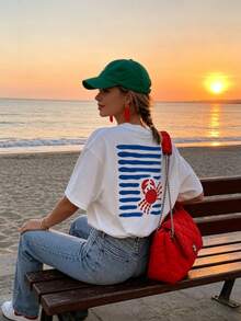 Spring And Summer Casual Women'S Tee With A Easy Crab Print Design, Featuring Short Sleeves And A Round Neck - trắng - Xem 4