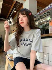 Bear Print, College Style, Light Gray, Short-Sleeved T-Shirt, 100% Cotton, Women's, Versatile, Casual Top, Domestic Shipping. Women's Clothing, New Summer Style, Summer Clothes, Ladies, High Price, Short Sleeves, Spring Clothes, Women's Short-Sleeved T-Shirt (1 Piece). - Light Grey - View 3
