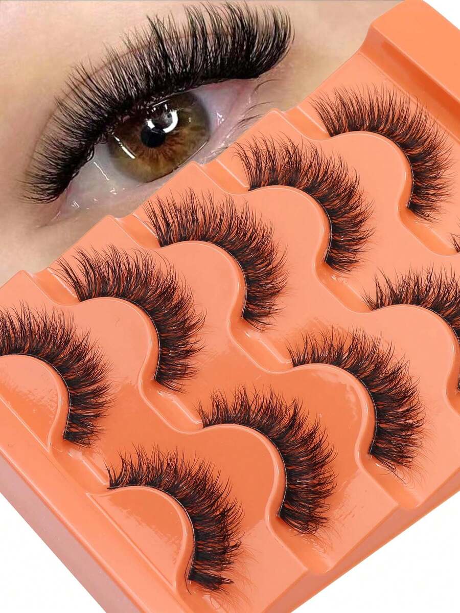 NAIJEMA 5 Pairs Fluffy Faux Mink Eyelashes, Fox Eye, Cat Eye, Lengthening, Volumizing, Natural Look, Soft Curly 3D Effect Lashes, Suitable For Party, Daily Wear, Applicable For Various Occasions - Black - View 1