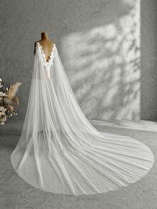 1件性感露背教堂式婚礼披肩，3D花卉蕾丝长款拖尾派对晚礼服斗篷 - 彩色 - 查看 3