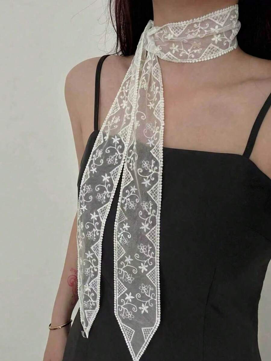 1 pieza Bufanda de encaje suave y elegante, bufanda bordada con flores de moda, adecuada para damas de oficina, se puede usar como muñequera, diadema, pañuelo o bufanda para vestido - Blanco - Ver 1
