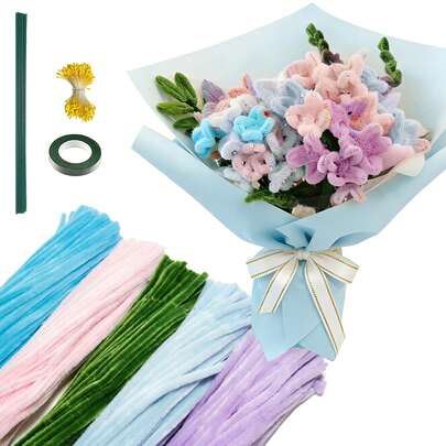 631/881Pcs Pipe Cleaners Craft Kit, 5 Colors (50/100Pcs Each) Chenille Stems(30cm/11.8in) With 360Pcs Flower Stamens, 20Pcs Floral Stems, 1 Roll Floral Tapes&Video Tutorial, DIY Handmade Bouquet Supplies For Mother's Day Gift