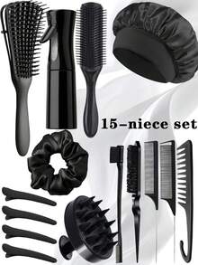15pcs Hair Styling Tool Set Includes Spray Bottle And Satin Bonnet. Set Contains: Curling Comb, 9-Row Styling Comb, Wide-Tooth Comb With Hook Handle, Tail Comb, Double-Sided Comb, Scalp Massage Brush, And 4 Styling Clips (Alligator Clips). - Multicolor - View 10