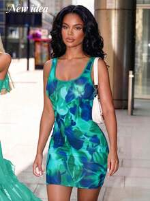 NEW IDEA Women's Sexy Green Floral Print Tank Top Short Summer Dress, Elastic Slim Fit Bodycon Dress, Suitable For Outings, Parties, Casual And Vacation Wear - Green - View 2