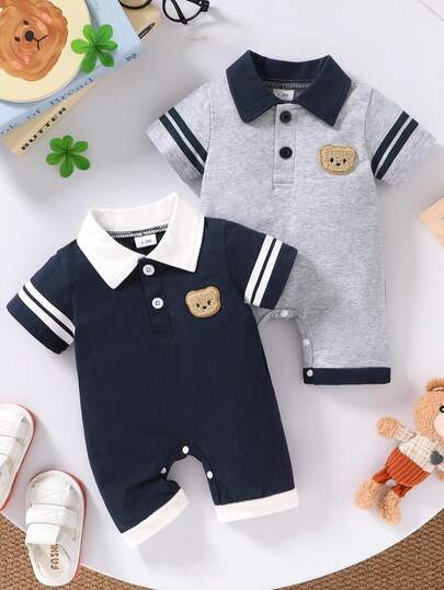 2pcs Set, Baby Boy, Casual, Cute, Soft & Comfortable, Cute Bear Embroidery Color Block Lapel Romper Outfit, Baby Boy Clothing, Newborn Infant Apparel, Baby Essentials, Suitable For Daily Wear, Vacation, Party, Outdoor Activities