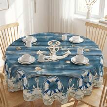 Navy Anchor Pattern Tablecloth, Coastal Blue Wood Grain Print, Perfect For Kitchen, Dinner, Party, Holiday Celebration And Outdoor Gathering - A - View 7