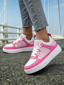 Women's Pink And White Platform Sneakers - Raw Hem Denim Style With Gold Ankle Chain For Campus Comfort, Year-Round Shoes For Women​ - Màu Hồng Tươi - Xem 5