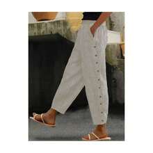 Women's Casual Button-Front Trousers With Stripes And Patchwork, For Autumn - Apricot - View 1