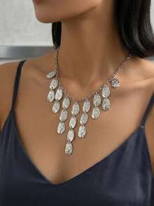 1pc Niche Design Hammered Disc Tassel Clavicle Chain, Silver Color Versatile Necklace For Women, Suitable For Daily Wear, Dates, Parties, Music Festivals - Silver - View 1