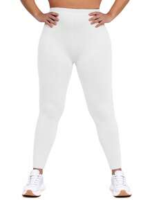 Plus Size Women's White Leggings, European And American Casual Fashion Outdoor Sports Fitness Pants, Minimalist Soft Comfortable Elastic Skinny Pants For Indoor/Outdoor Activities, Yoga, Jogging, Shopping, Holiday Events, Party, 7/8 Length Spring - White - View 3