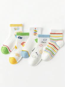 5双夏季清爽儿童袜，简约条纹卡通熊图案男童网眼薄款中筒袜 - 彩色 - 查看 12