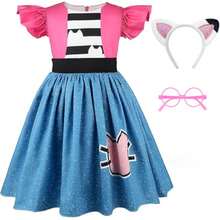 Cartoon Dress Set With Cute Cat Ear Headband And Glasses, Suitable For Girls' Birthday Party/Gathering/Halloween/Carnival Costume - Rose Red - View 2