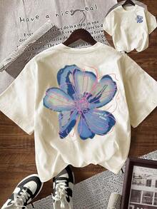 Women's Floral Print Casual Round Neck Short Sleeve T-Shirt, Summer Round Neck 100% Cotton Soft Fabric Short Sleeve - 杏色 - 查看 7