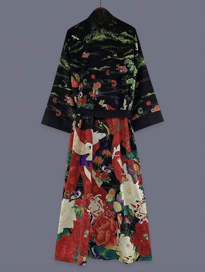 Áo khoác kimono dáng midi tay lửng 3/4 in họa tiết chim hạc và hoa thanh lịch dành cho nữ, thích hợp cho tiệc tùng, dạo phố, thường ngày, đi biển, du lịch, nghỉ dưỡng, áo choàng nhẹ, áo choàng tắm, áo choàng, trang phục biểu diễn khiêu vũ, tiệc lễ hội.