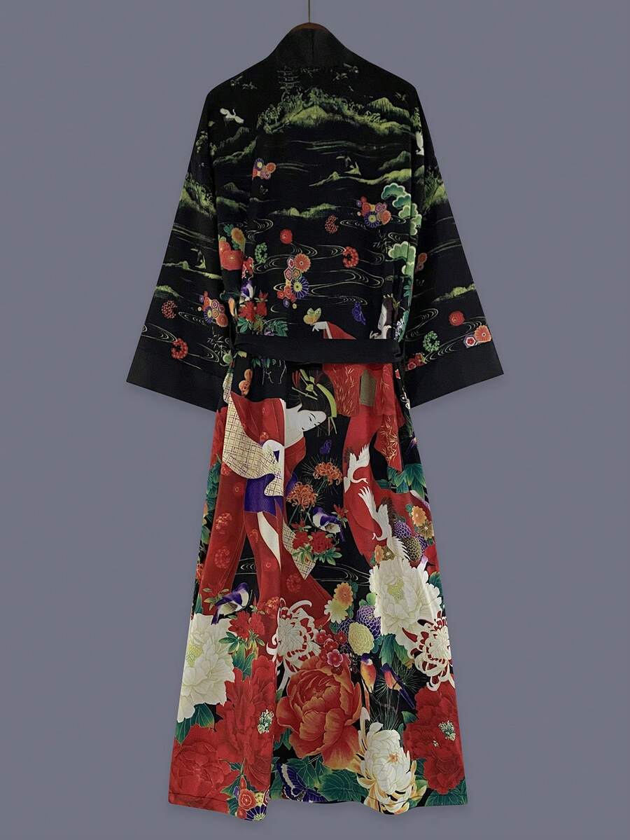 Áo khoác kimono dáng midi tay lửng 3/4 in họa tiết chim hạc và hoa thanh lịch dành cho nữ, thích hợp cho tiệc tùng, dạo phố, thường ngày, đi biển, du lịch, nghỉ dưỡng, áo choàng nhẹ, áo choàng tắm, áo choàng, trang phục biểu diễn khiêu vũ, tiệc lễ hội màu đen. - màu đen - Xem 1