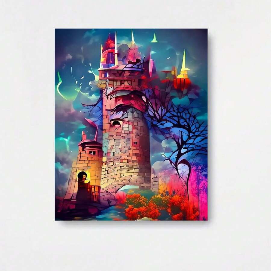 Kit de pintura de diamantes DIY para manualidades en casa: Paisaje de castillo de fantasía con cielo estrellado morado oscuro-rosa-naranja y arbustos rojos fuego, lienzo de bordado con diamantes de cristal redondos completos, decoración de pared artística mágica, regalo creativo - Enmarcado - Ver 1