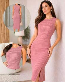 Classic Long Black Dress With A Round Neck, Pockets, And An Elegant Slit Design. - 條紋玫瑰 - 查看 1