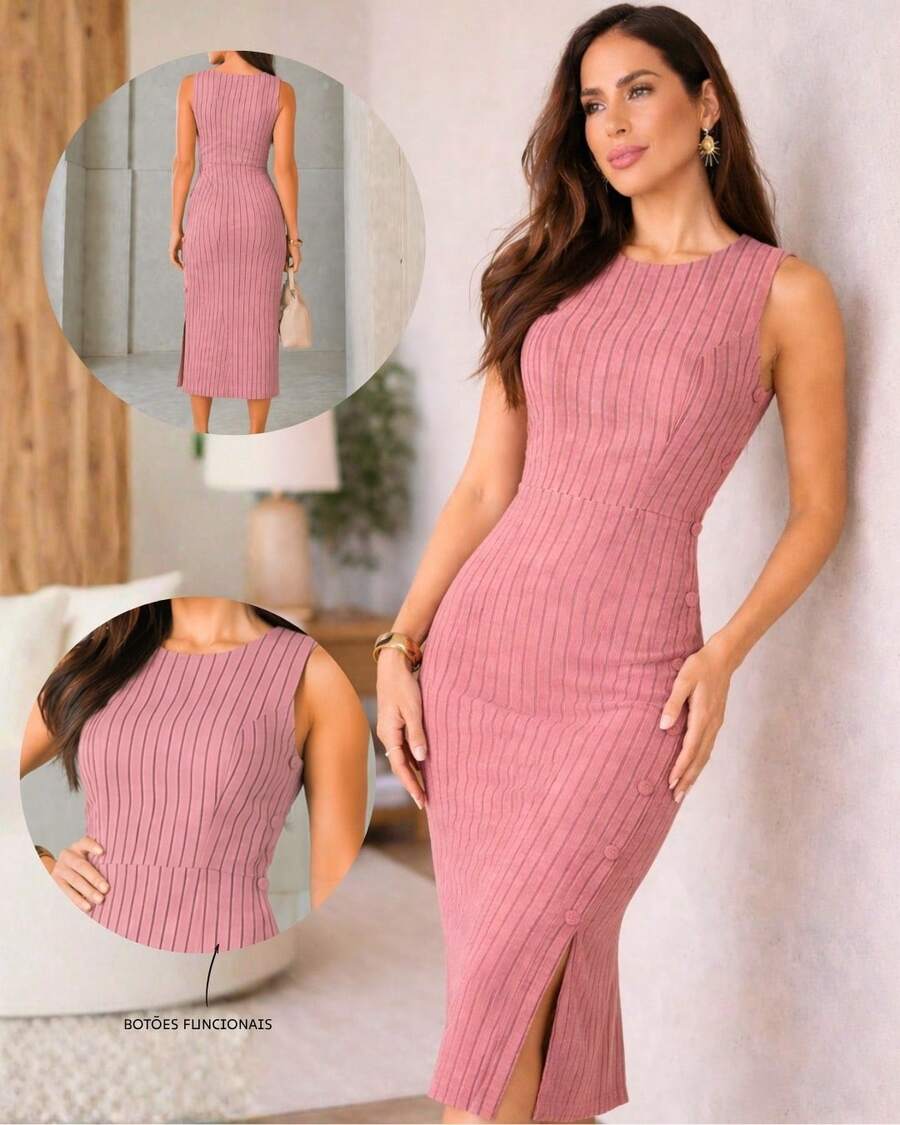 Classic Long Black Dress With A Round Neck, Pockets, And An Elegant Slit Design. - 條紋玫瑰 - 查看 1