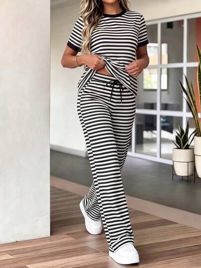 2pcs/Set Women's Casual Colorblock Striped Round Neck Short Sleeve Top And High Waist Drawstring Loose Straight Pants, Women's Colorblock Round Neck Short Sleeve T-Shirt And Elastic Waist Straight Leg Pants, Fashion Colorblock Pocket Casual Homewear Set