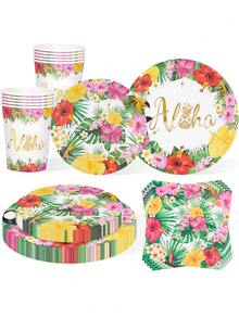 10pcs/20pcs/50pcs/80pcs Hawaiian Party Supplies, Flamingo & Palm Leaf Pattern Tropical Party Paper Tableware Set, Including 7/9 Inch Paper Plates, Paper Cups, 6.5 Inch Paper Napkins, Hawaiian Theme Birthday Party Decorations, Suitable For Summer Beach Pool Party For Men And Women - Multicolor - View 1