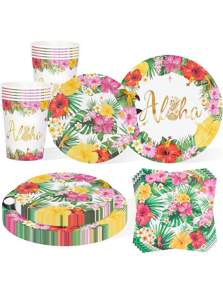 10pcs/20pcs/50pcs/80pcs Hawaiian Party Supplies, Flamingo & Palm Leaf Pattern Tropical Party Paper Tableware Set, Including 7/9 Inch Paper Plates, Paper Cups, 6.5 Inch Paper Napkins, Hawaiian Theme Birthday Party Decorations, Suitable For Summer Beach Pool Party For Men And Women - Multicolor - View 1