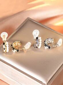 1 Đôi bông tai kẹp hai hàng bằng đồng đính ngọc trai giả kiểu dáng mới, thanh lịch, giúp thon gọn vóc dáng, phù hợp cho phụ nữ đeo hàng ngày, quà tặng ngày lễ. - Kẹp tai - Xem 5