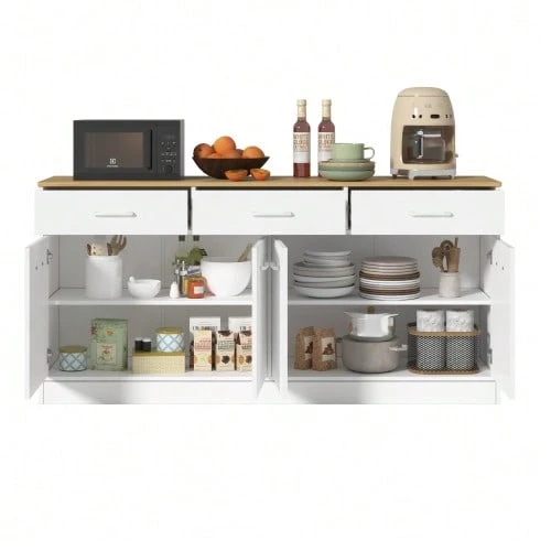 Kitchen Unit/Sideboard With 3 Drawers And Adjustable Shelves, 160cm Kitchen Island With Concrete-Look Countertop, Walnut Look, 76.5 X 160 X 37cm - White - View 1