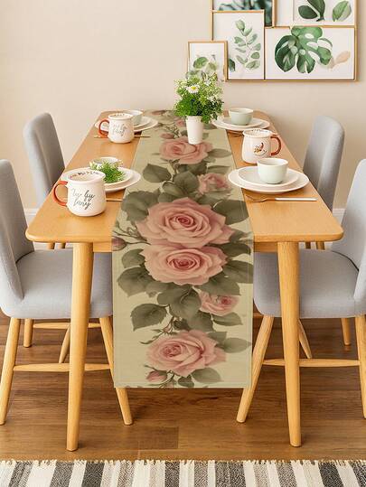 1件春夏浪漫桌旗，水彩粉色玫瑰和常春藤垂饰竖向重复印花，浪漫复古风格桌布，适用于婚礼餐桌、下午茶会、优雅餐桌。
