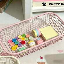 INS Style Iron Mini Storage Basket, Rectangular Organizer Box, Macaron Color Hollow Line Basket For Desktop, Dorm, Stationery, Cosmetics, Snacks, Multi-Functional Kitchen & Bathroom Storage Basket - Peach Pink + Creamy Yellow - View 12