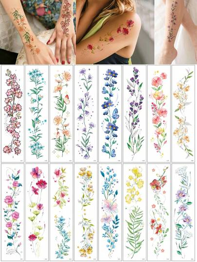 8pcs Flower Temporary Tattoo Stickers For Women, Waterproof Floral Fake Tattoo Hand Tattoo Body Art, Summer Holiday Body Decor