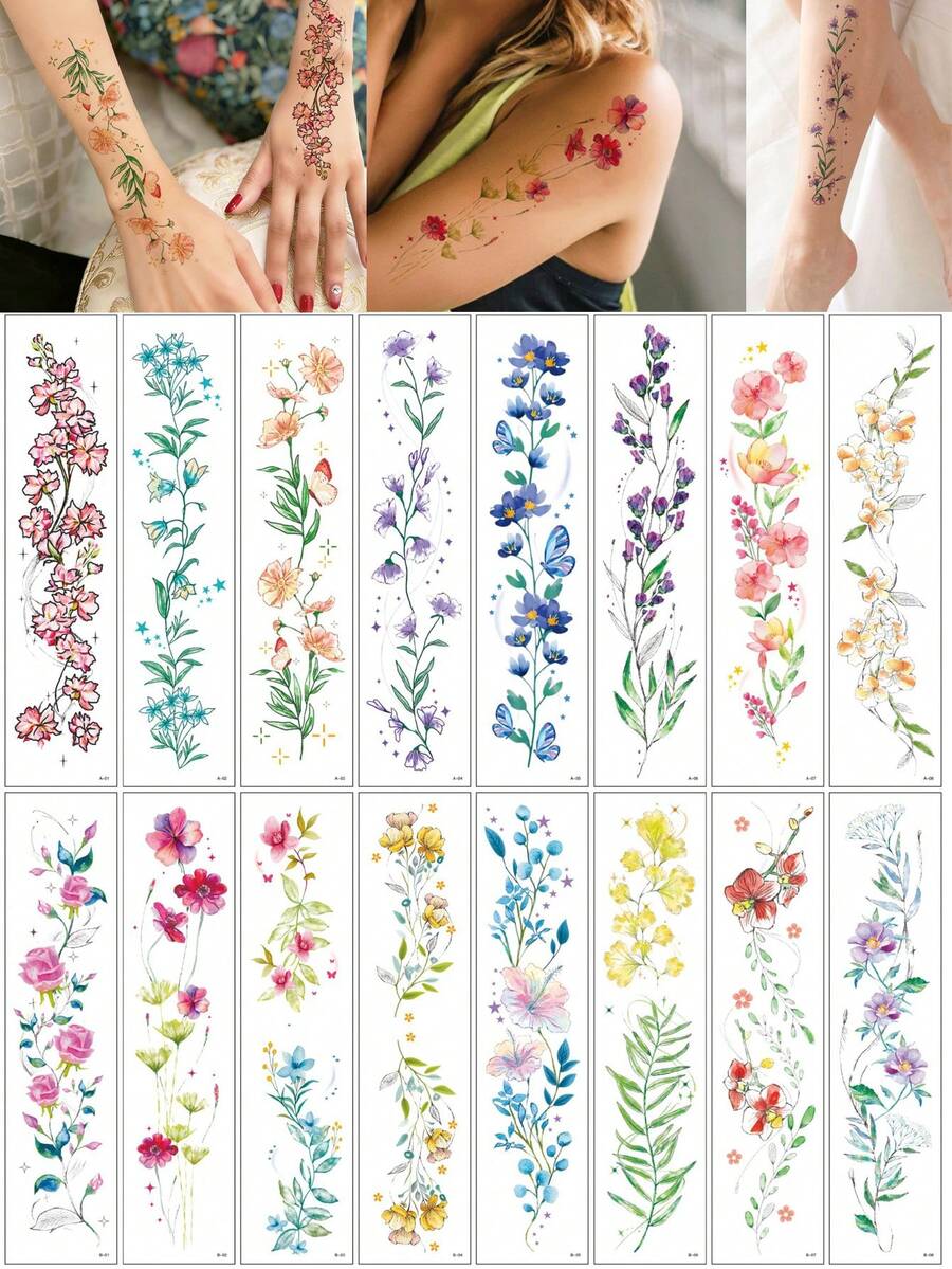 8片装花朵图案临时纹身贴纸，女士专用，防水花卉假纹身手部纹身身体彩绘，夏季假日身体装饰 - 彩色 - 查看 1