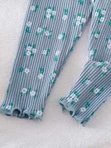 2件套女婴优雅可爱碎花圆领上衣和裤子套装 - 薄荷藍 - 查看 8